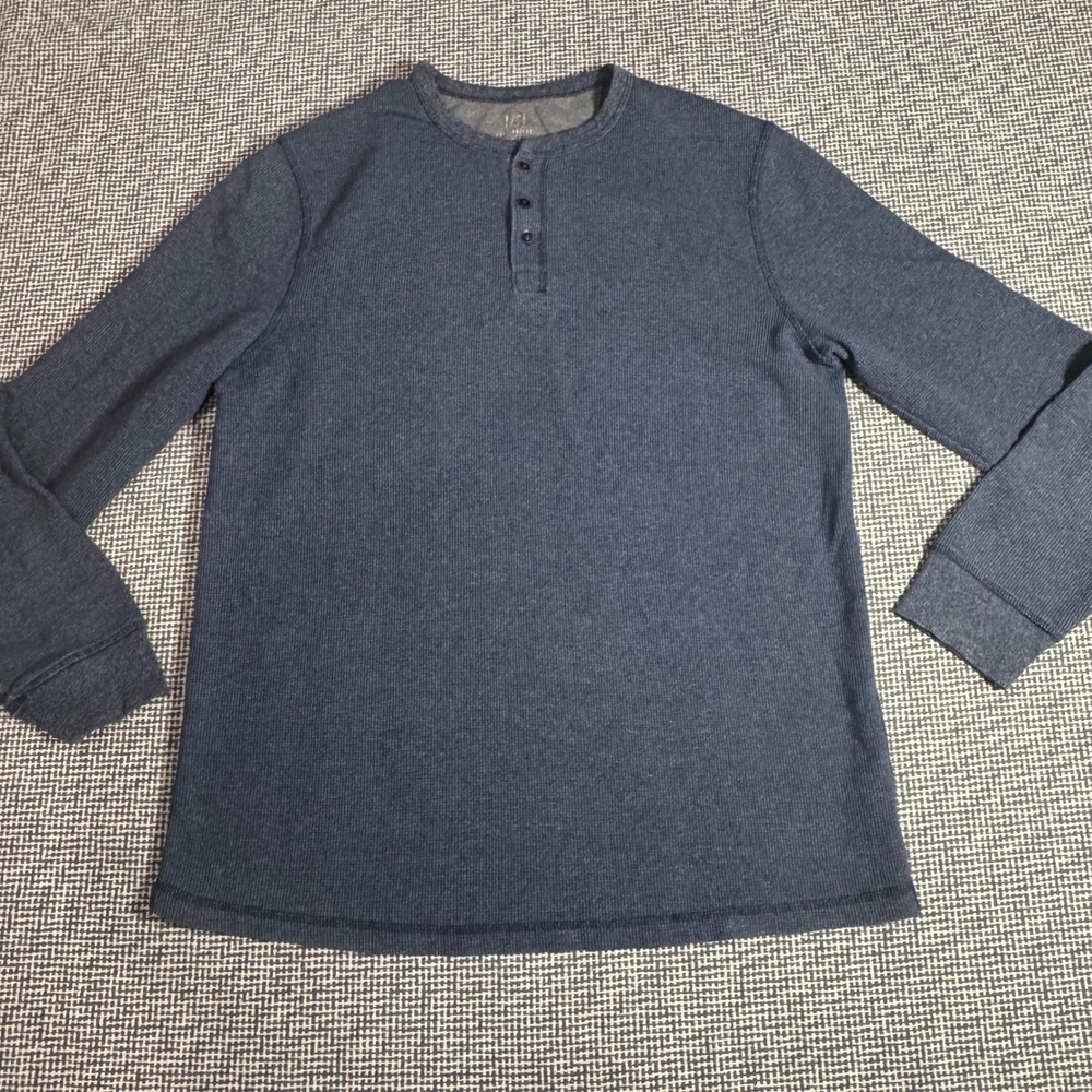 George Mens Navy Blue Waffle Knit Long Sleeve Henley Shirt Size Large L 42-44